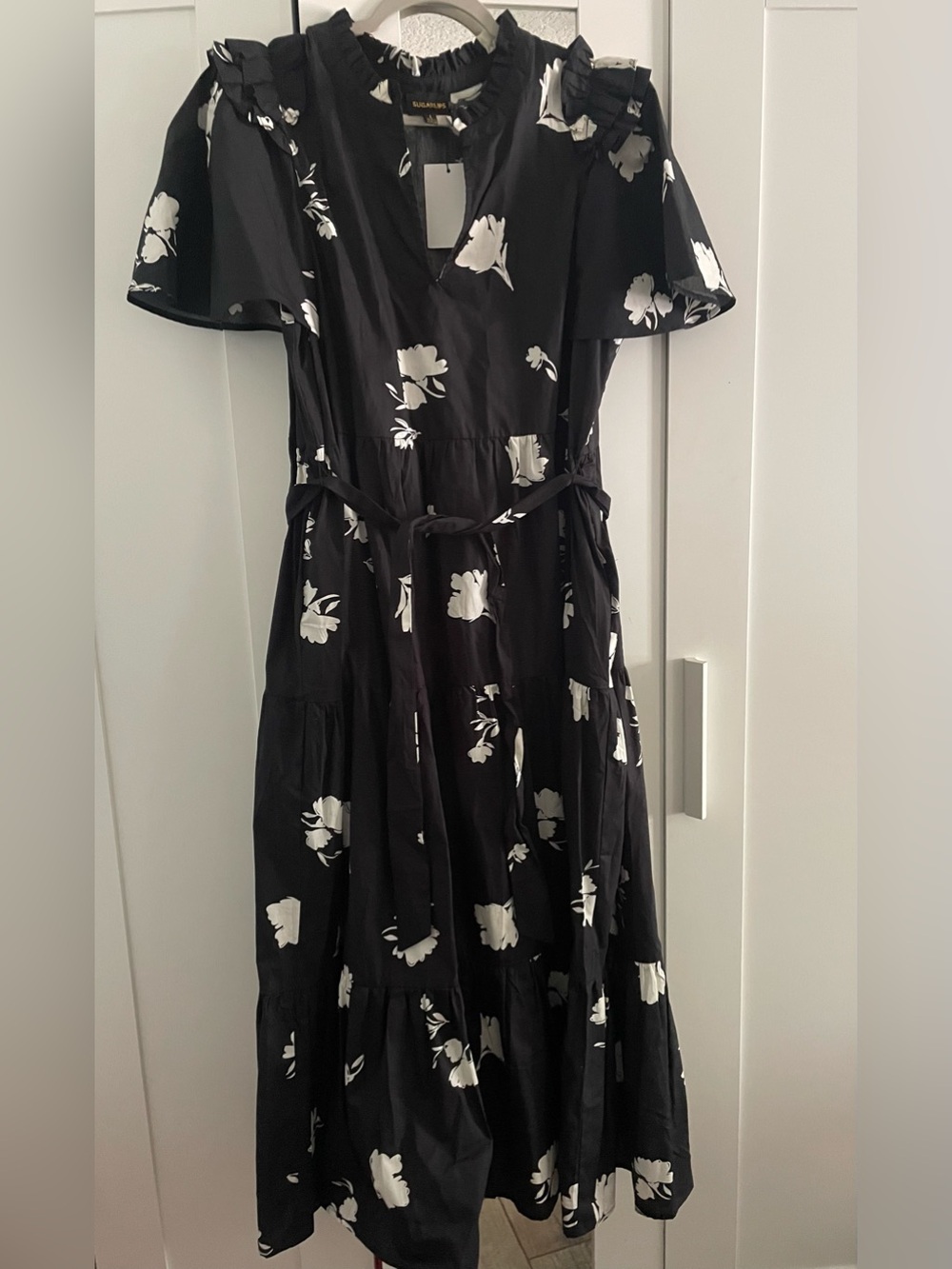 NWT Sugarlips Black Floral Maxi Dress with White Print Sz. L Cute!
